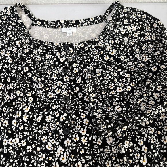 J Jill Midi Dress Size L Black White Floral Button Front 3/4 Sleeve Cottage - Picture 9 of 12